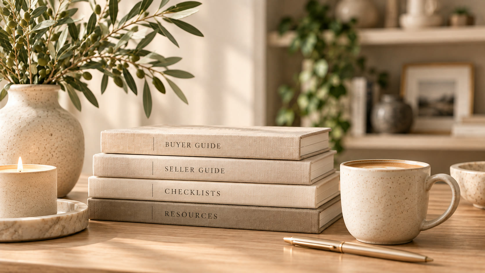 Stacked books labelled Buyer Guide, Seller Guide, Checklists and Resources on a desk with coffee and olive branches