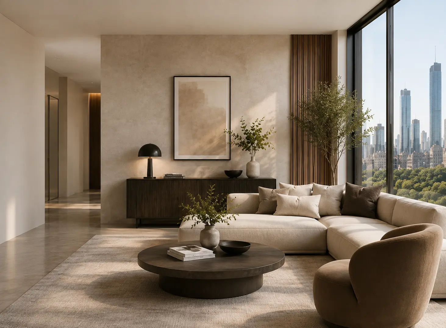 Bright condominium living room with city views