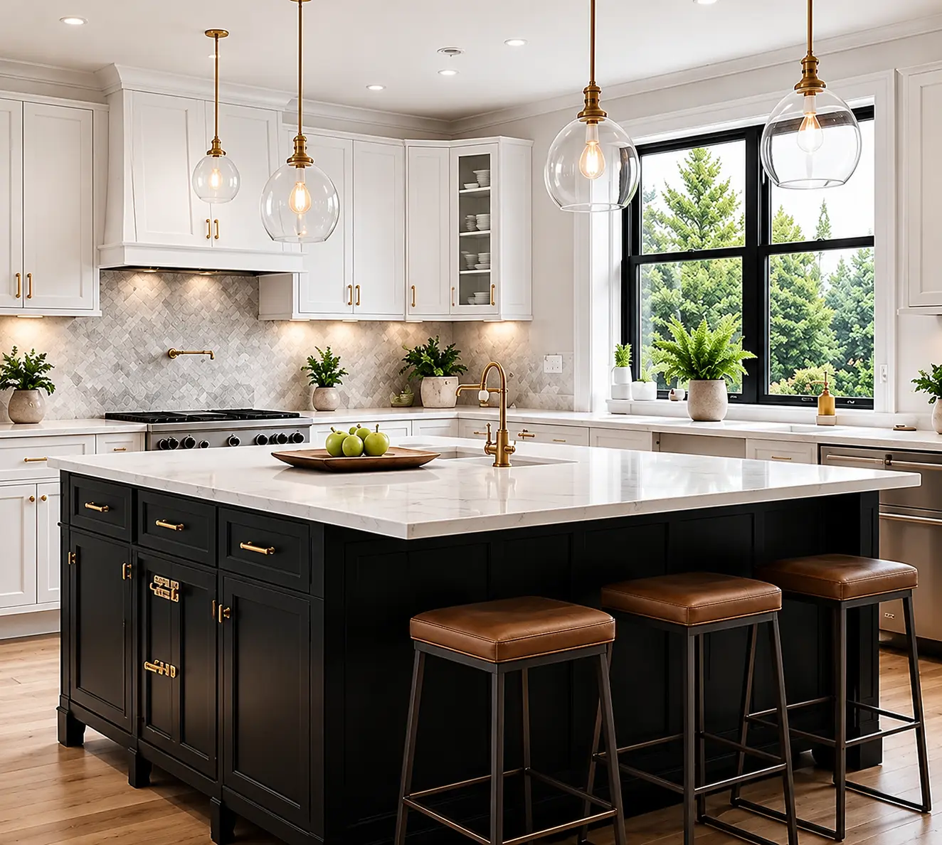 Kitchen with a black stone island