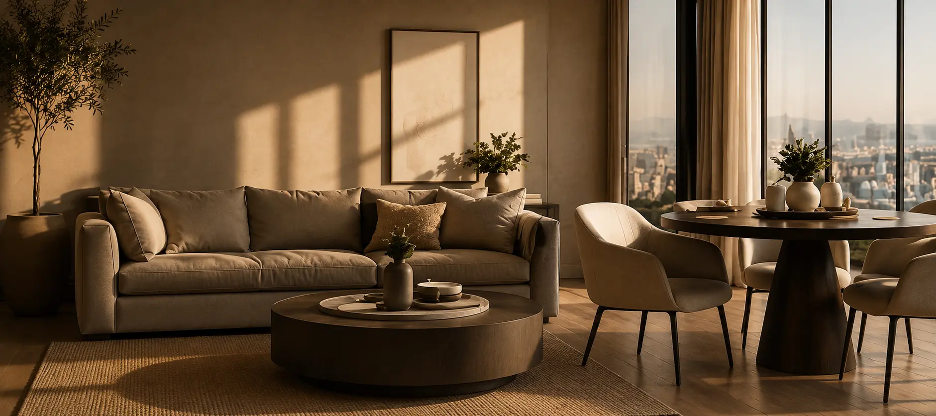 Living room bathed in golden hour light