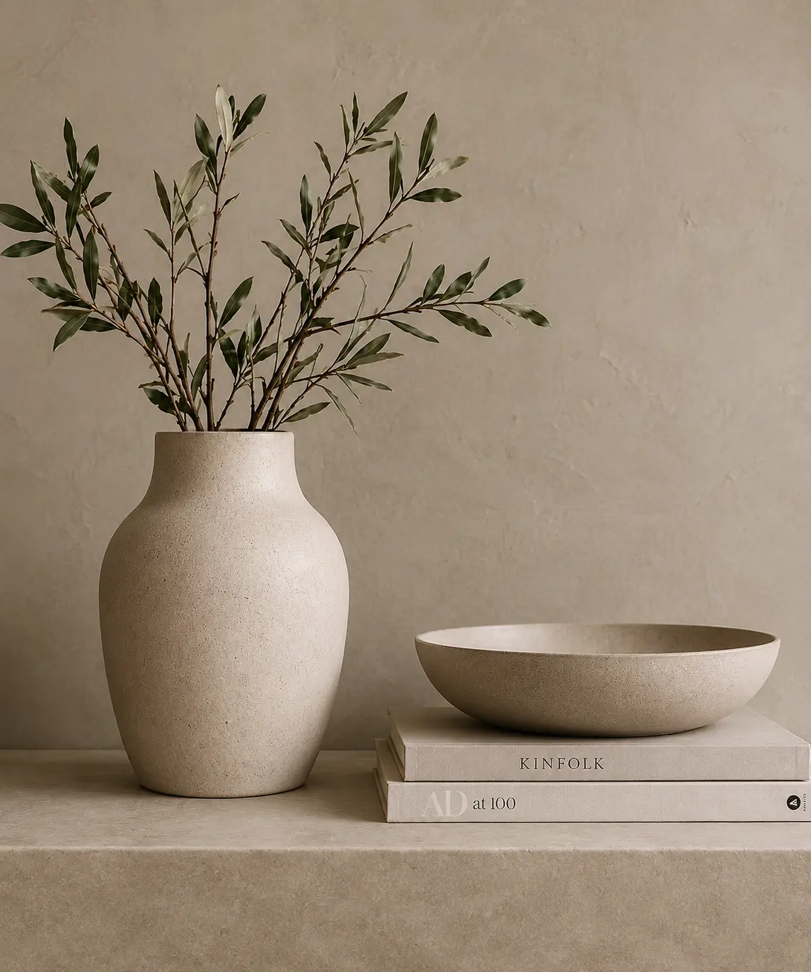 Olive branches in a ceramic vessel