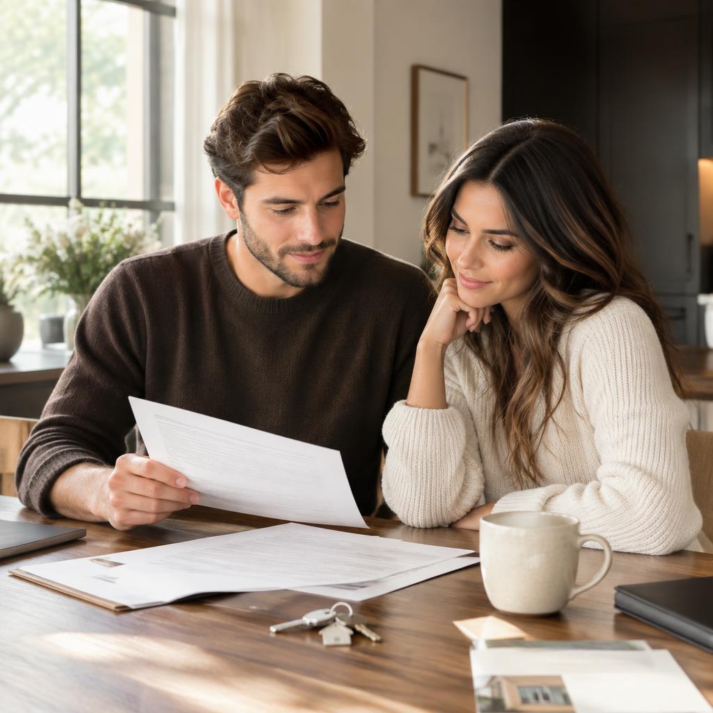 A couple reviewing mortgage paperwork at a dining table with house keys