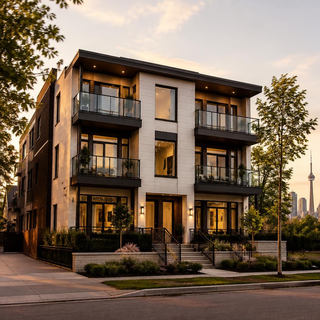 A modern multi-unit investment property on a Toronto street at dusk
