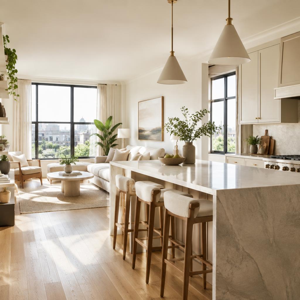 A bright renovated rental apartment kitchen and living space