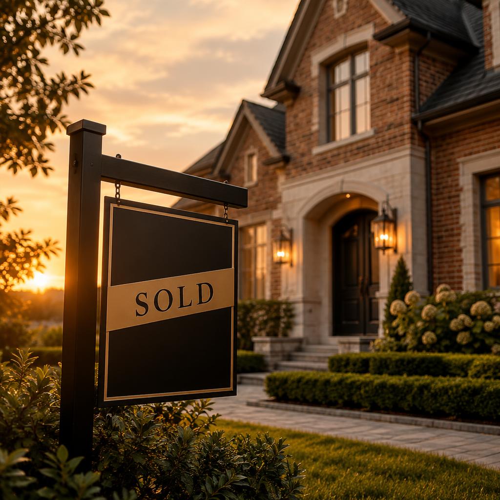 A sold sign in front of a brick home at golden hour