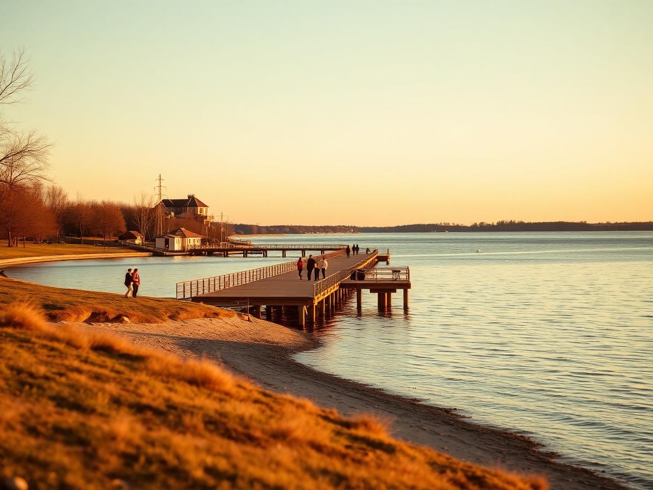 Ajax waterfront park pier and Lake Ontario shoreline at golden hour