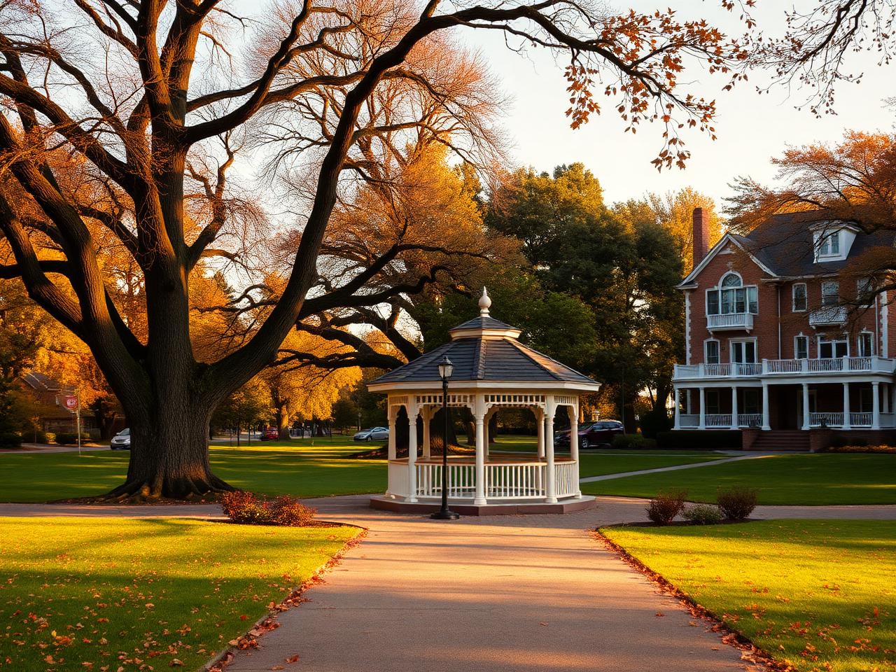 Aurora town park gazebo under mature trees with a century home beyond