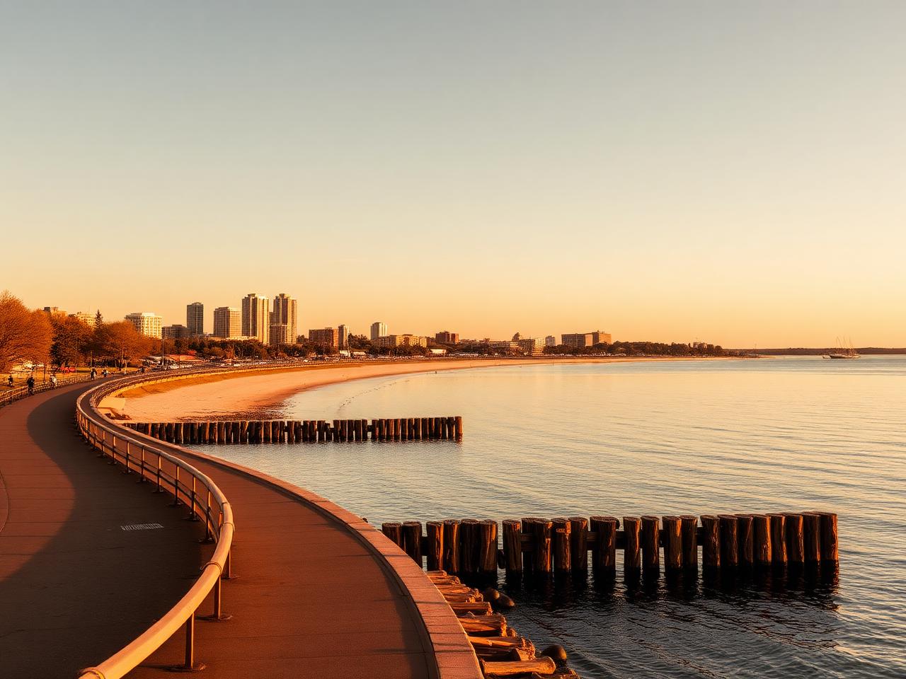 Kempenfelt Bay waterfront boardwalk and Barrie skyline at golden hour