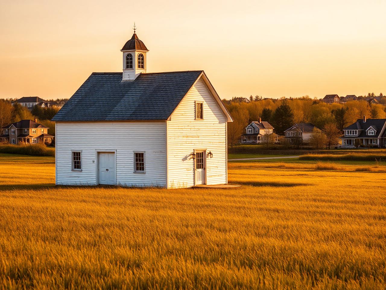 Historic white Sharon Temple building in a golden meadow with new homes beyond