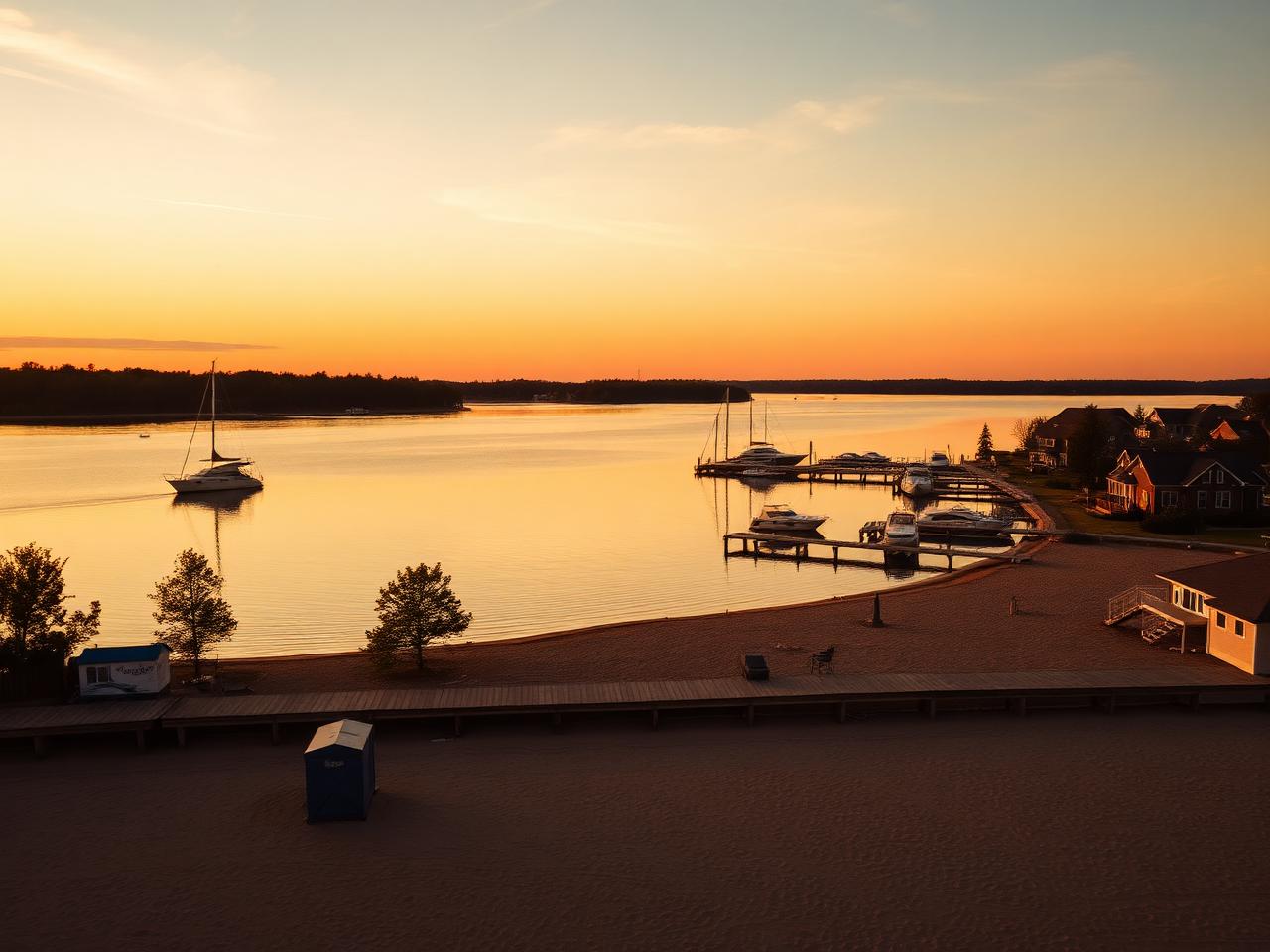Lake Simcoe beach and marina at sunset in Innisfil