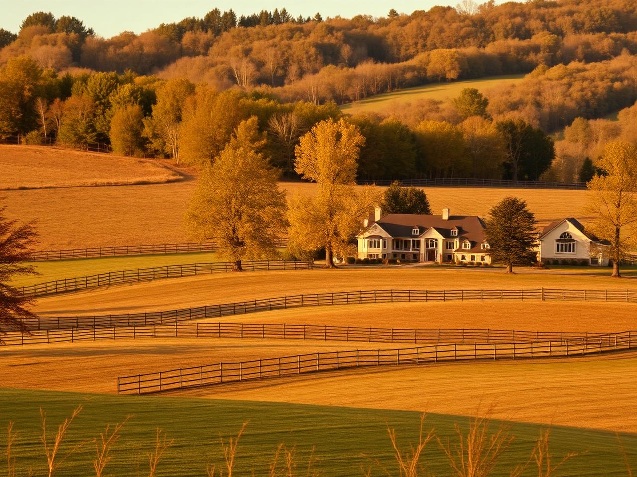Rolling King City countryside with paddocks, rail fences and an estate home