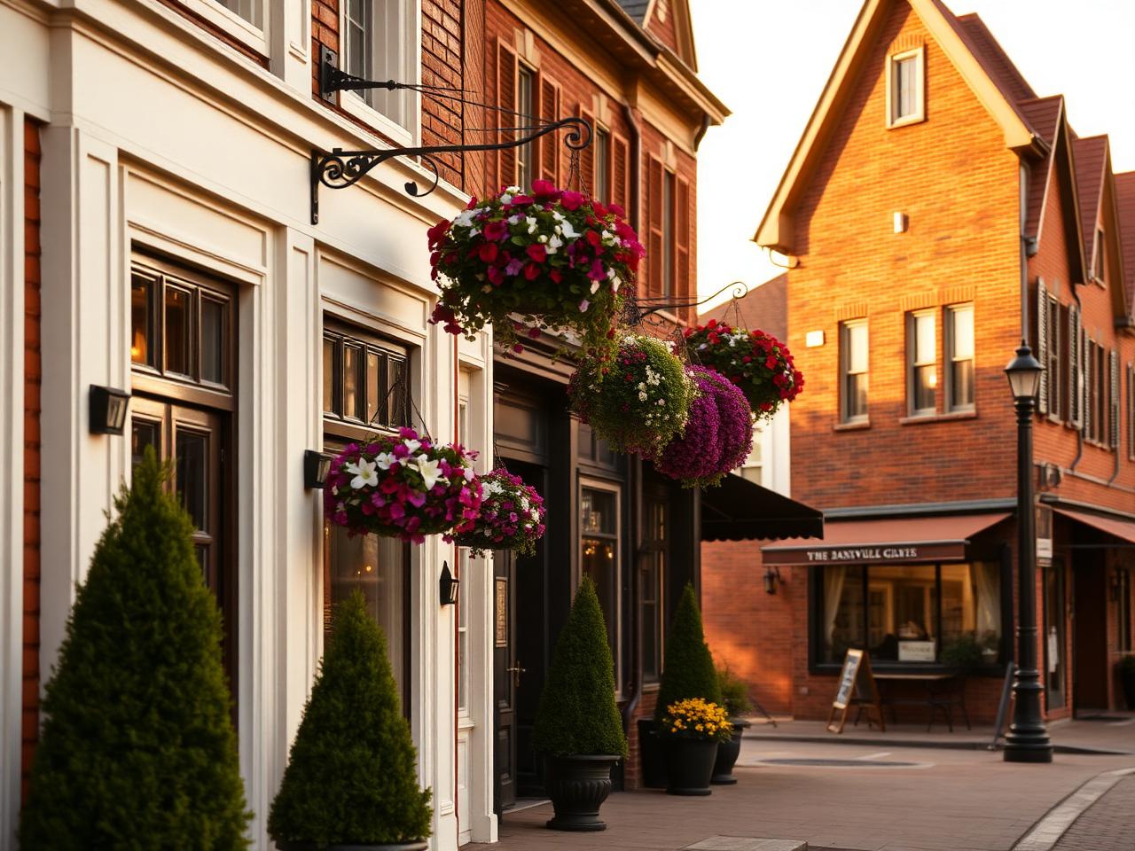 Historic Main Street Unionville storefronts with hanging flower baskets at golden hour