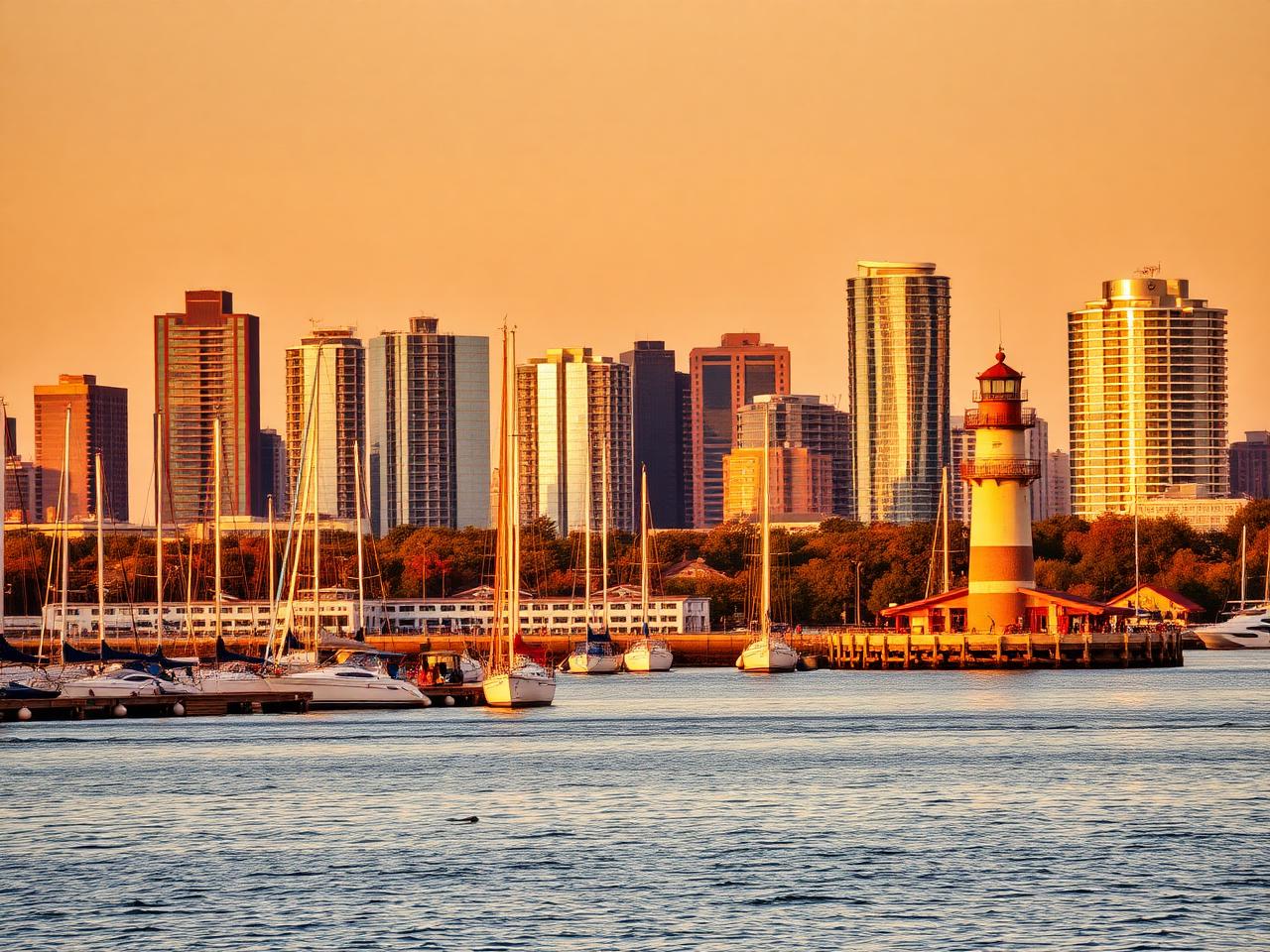 Port Credit harbour with sailboats and the Mississauga skyline at sunset