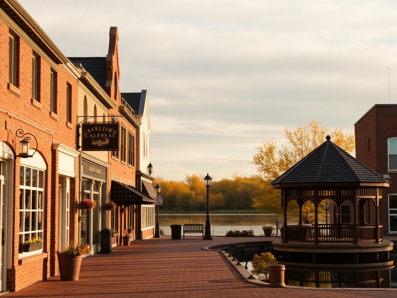 Historic brick Main Street in Newmarket beside Fairy Lake at golden hour — near Stonehaven