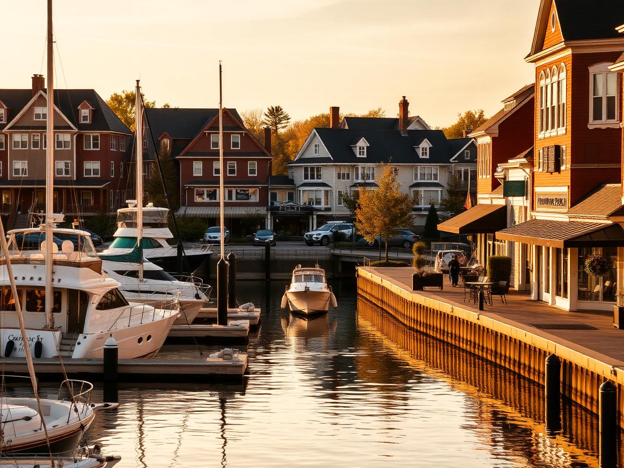 Oakville harbour with yachts and heritage waterfront buildings at golden hour