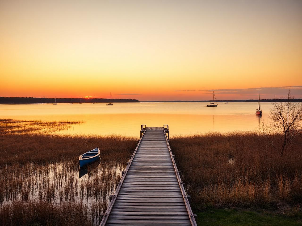 Frenchman's Bay marsh boardwalk and sailboats at sunset in Pickering