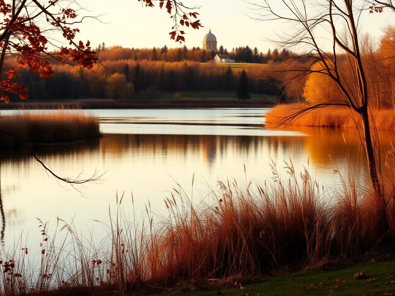 Autumn pond and wooded ridge with a historic observatory dome in Richmond Hill