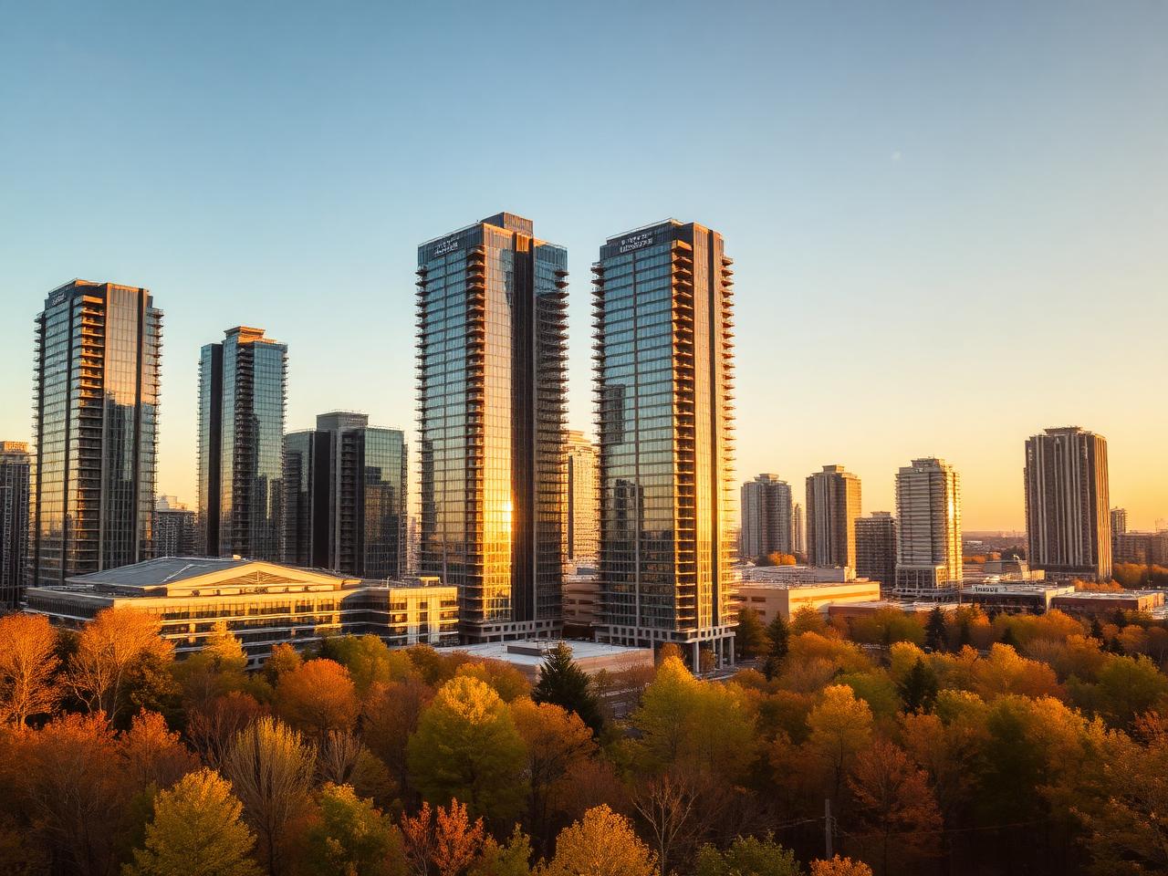 Vaughan Metropolitan Centre towers above autumn woodland at sunset — near Maple