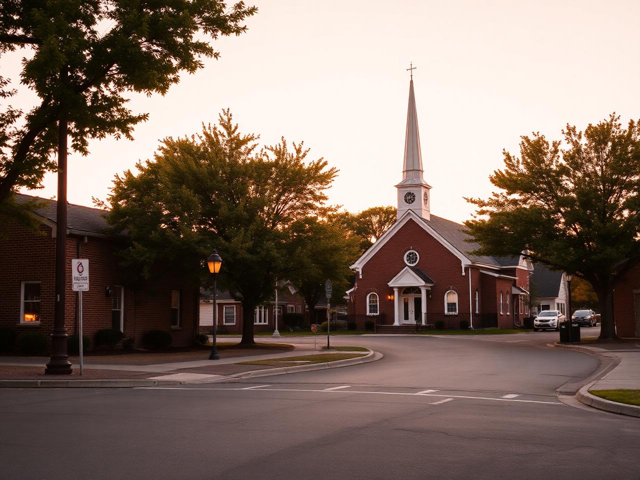 Heritage brick crossroads with a white steeple church in Brooklin, Whitby