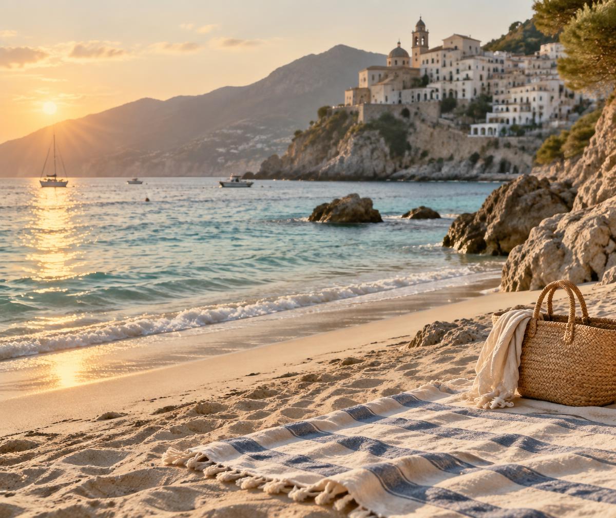 Quiet Mediterranean beach at golden hour