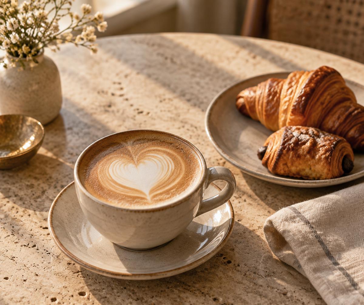Latte and fresh pastries on a sunlit table