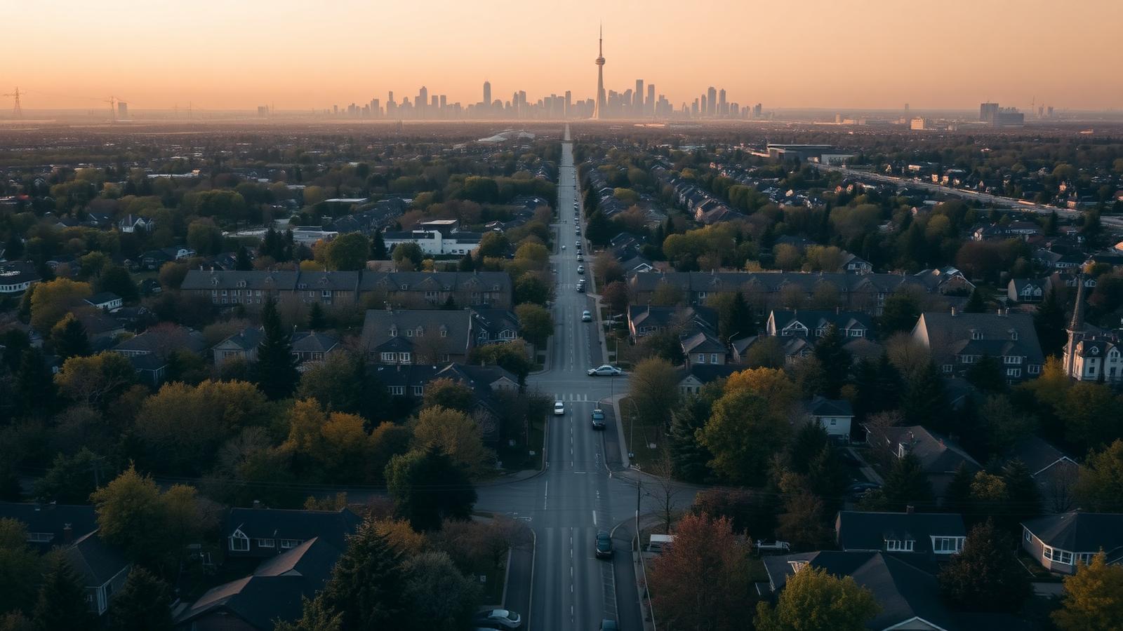 Aerial view of Greater Toronto Area neighbourhoods at dusk