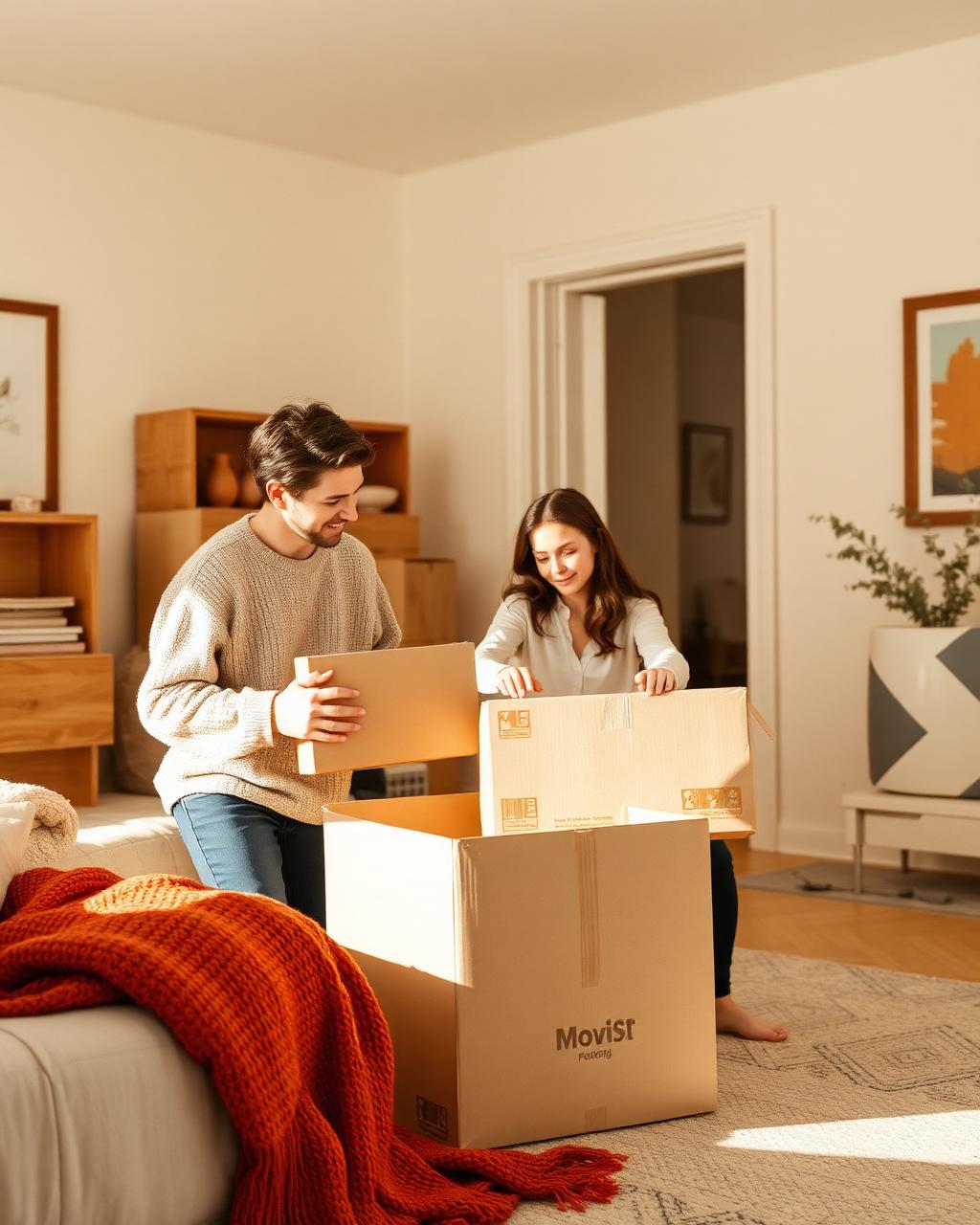 Couple unpacking boxes in a sunlit living room