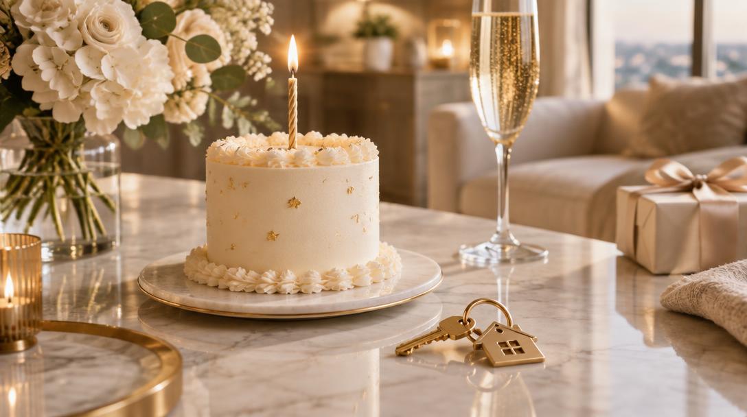 Small celebration cake with a candle and a house keyring