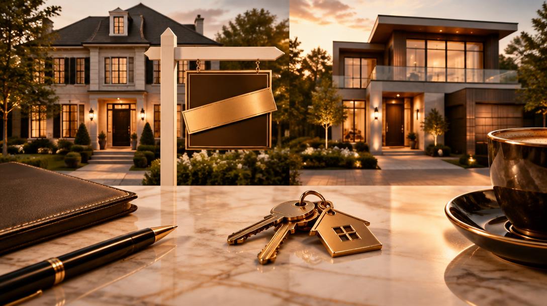 Two elegant homes with keys and a pen on a marble desk
