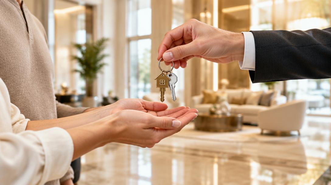 New buyers receiving house keys in a bright lobby