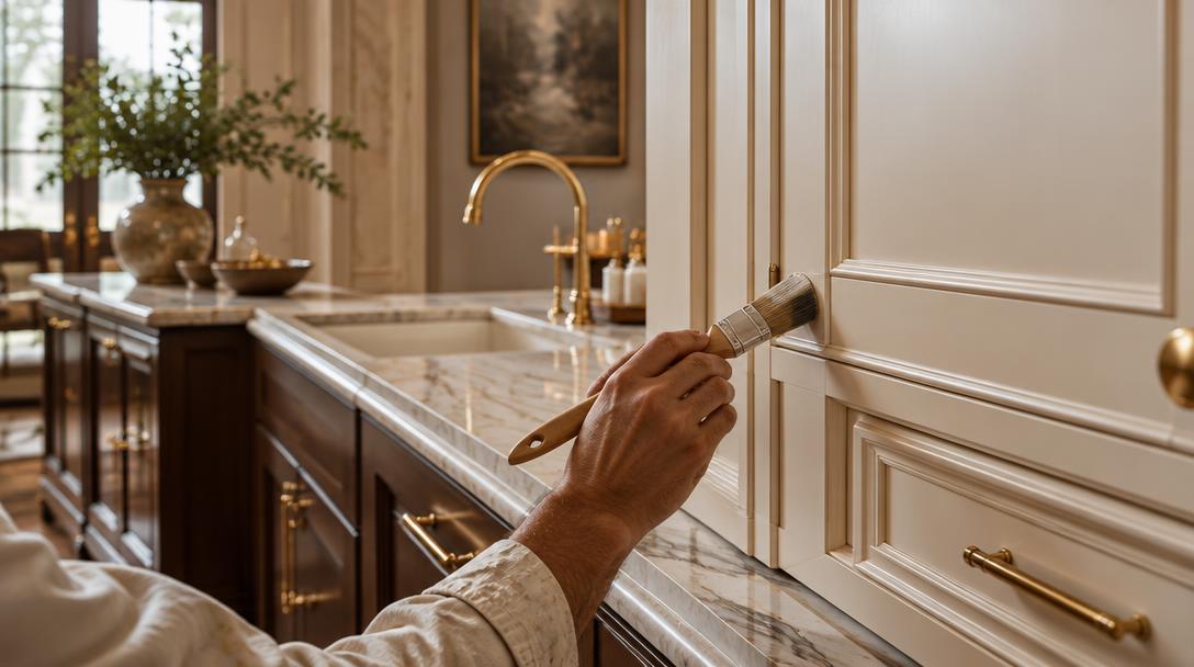 Painter touching up warm ivory kitchen cabinetry
