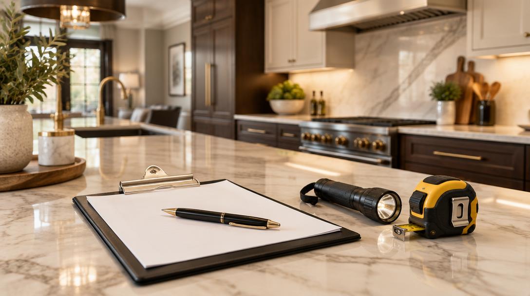 Inspector's clipboard, flashlight and measuring tape on a kitchen counter