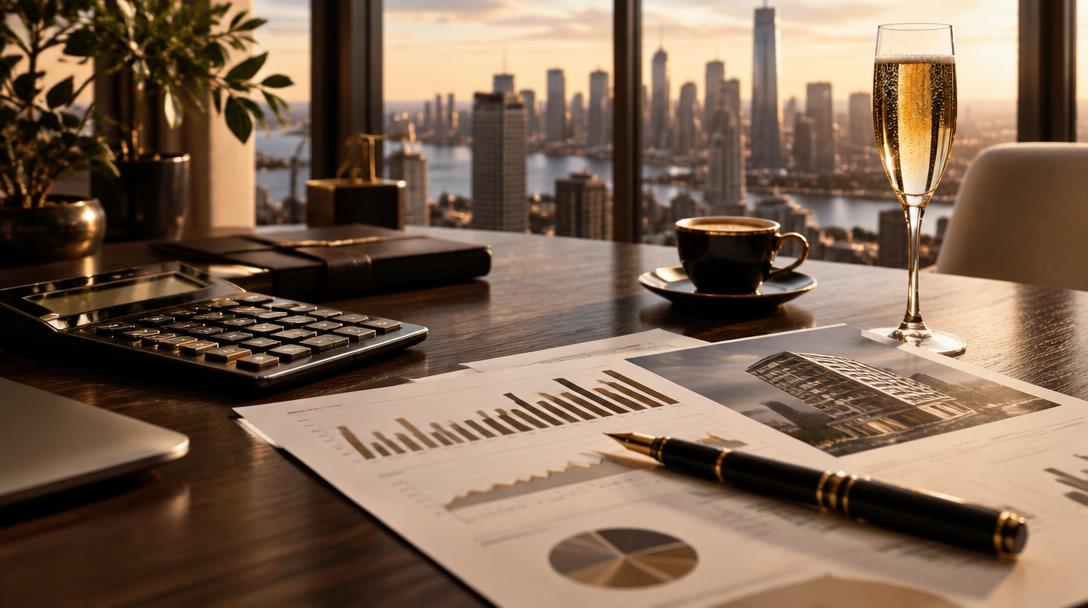 Calculator and property charts on a desk with a skyline view