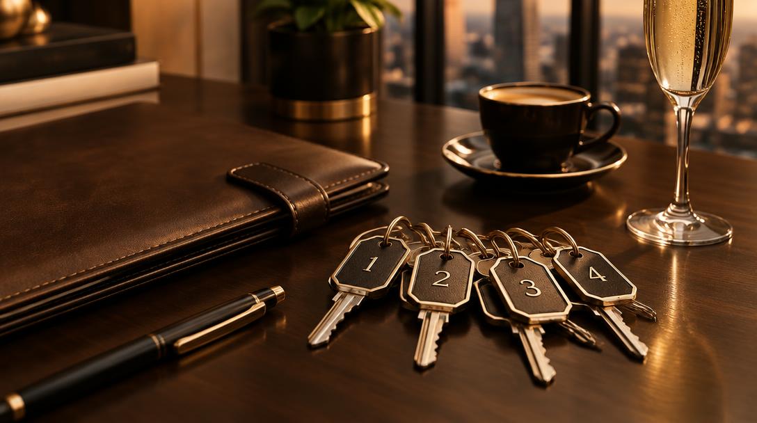 Rental property keys with tags and a leather portfolio