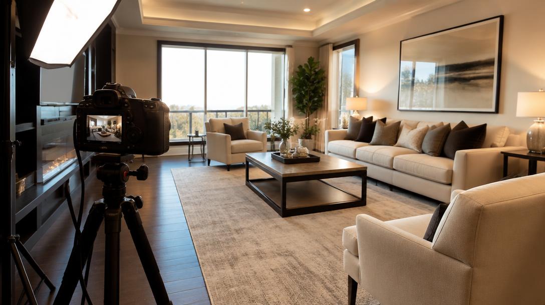 Professional camera photographing an elegant staged living room
