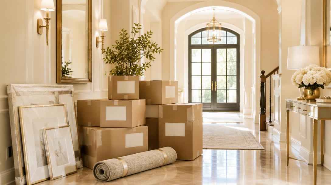 Neatly stacked moving boxes in a bright elegant foyer