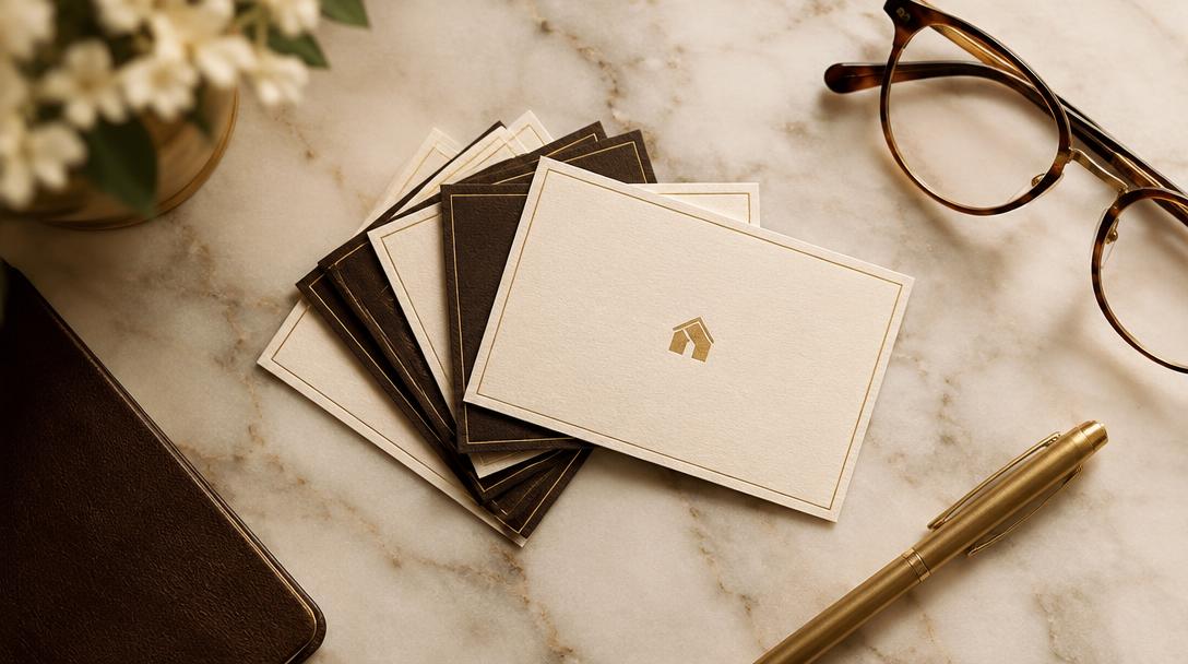 Fanned business cards with a gold pen on a marble desk