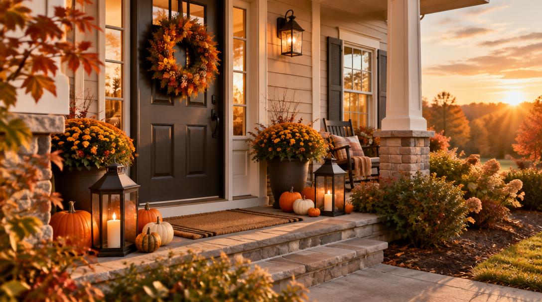 Home front porch decorated for autumn at golden hour
