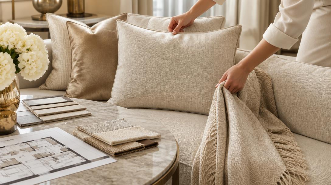 Stager arranging cream cushions and fabric swatches on a sofa