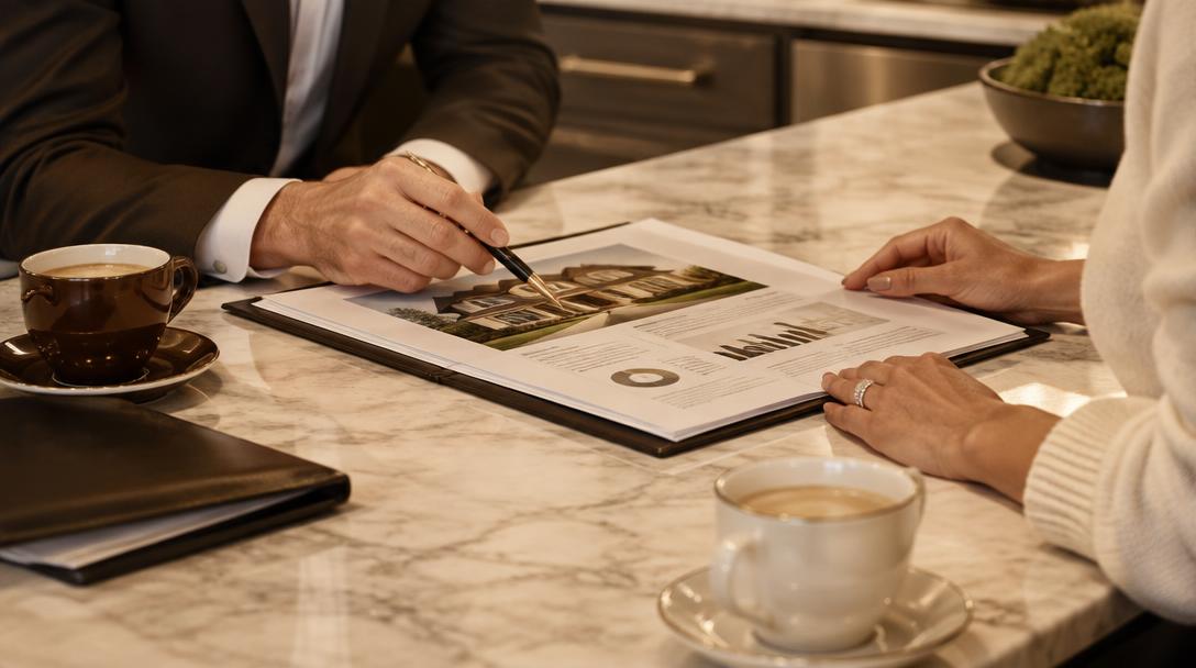 Reviewing a home valuation report at a marble kitchen island