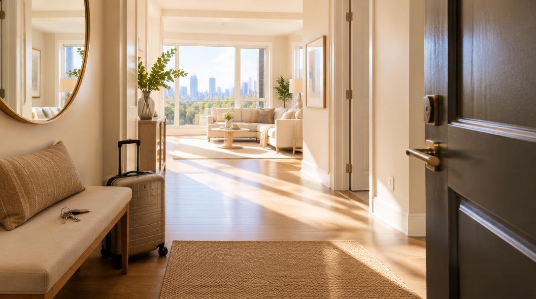 Bright apartment entryway with a suitcase and keys