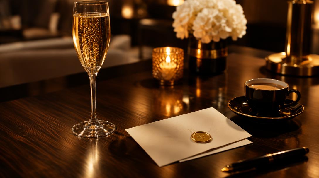Champagne flute and a thank-you card with a gold wax seal