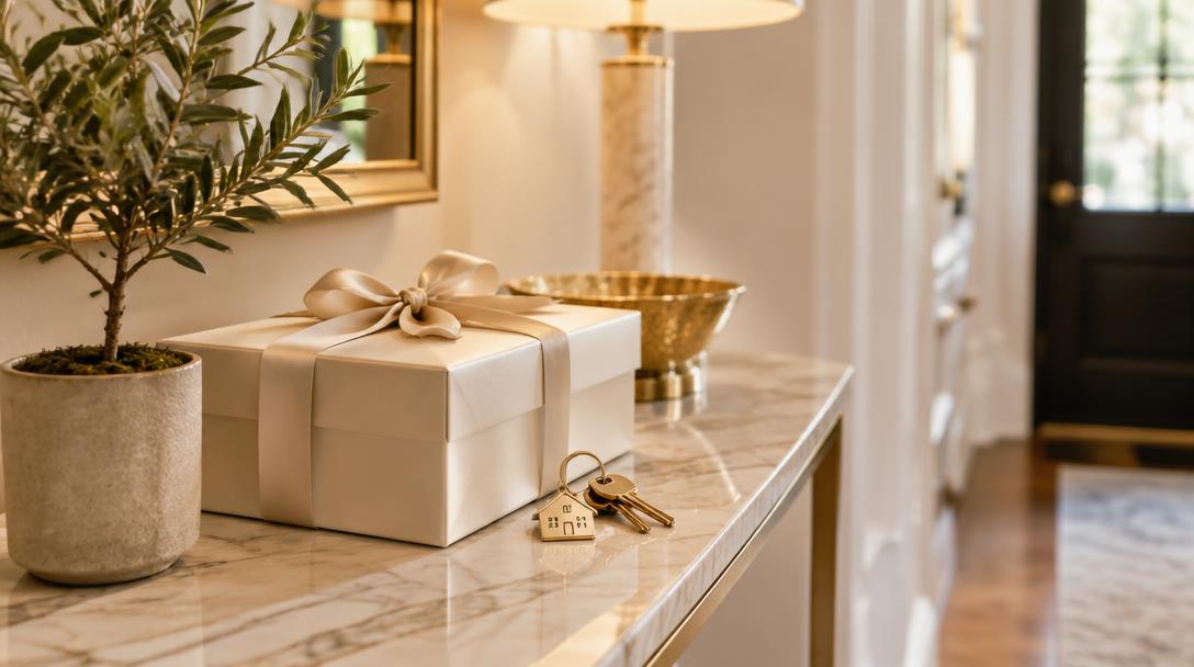 Welcome gift box with ribbon and keys on a marble console