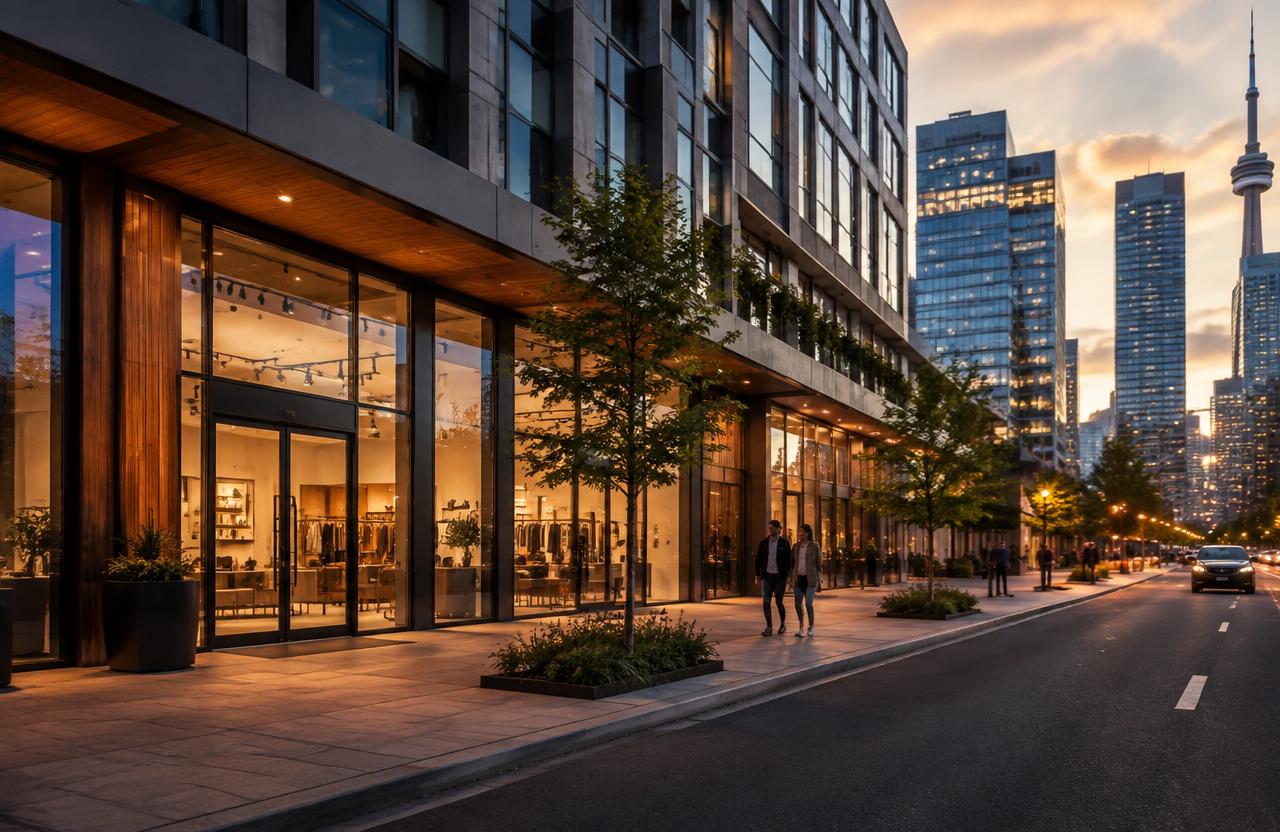 Mixed-use commercial building with retail storefronts in Toronto