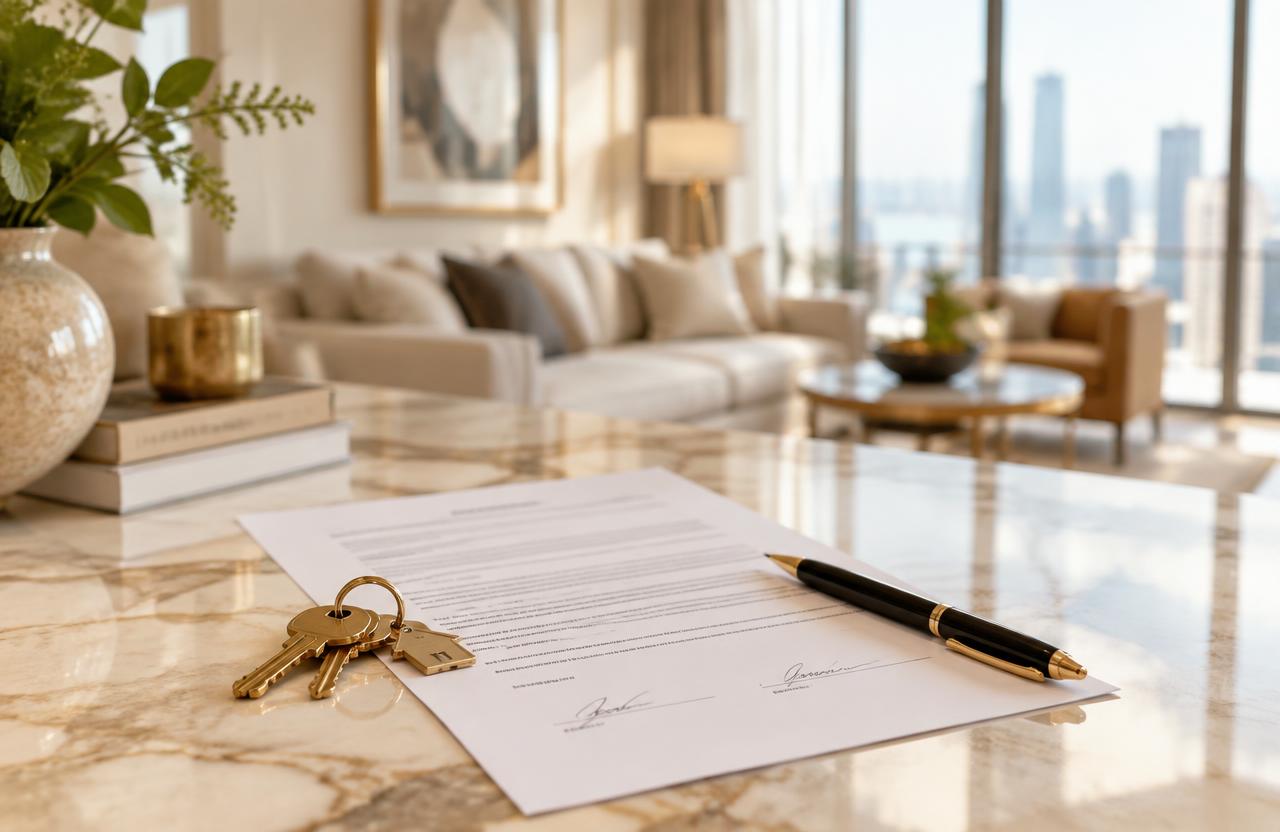 Signed lease and keys on a marble table in a GTA condo
