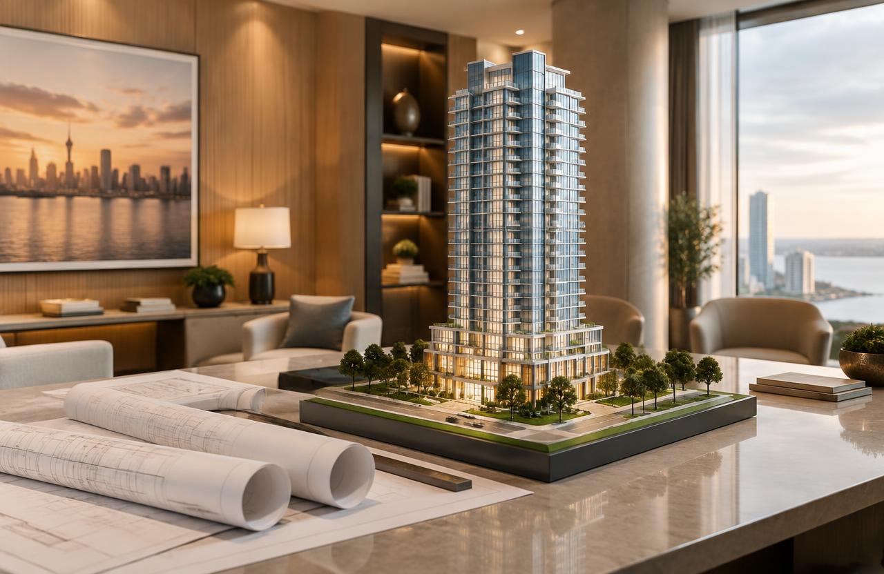 Scale model of a new GTA condo tower with floor plans