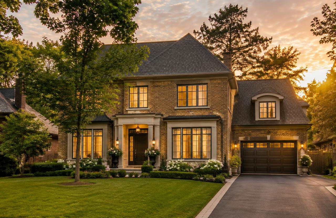 Brick family home in a leafy GTA neighbourhood at golden hour