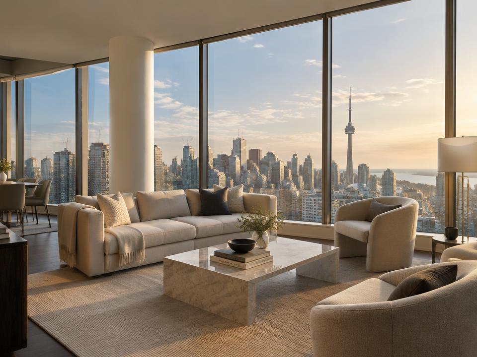 GTA condo living room with Toronto skyline views