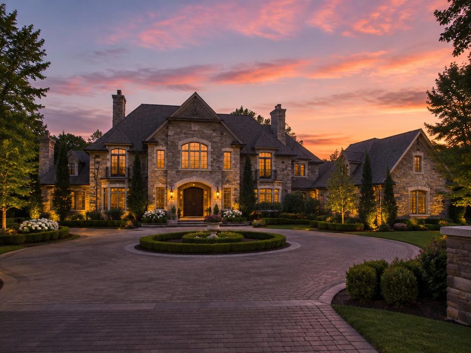 Luxury stone estate home with circular driveway